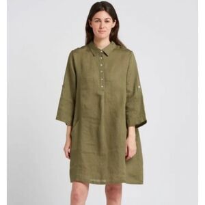 NWT Elena Baldi Made In Italy 100% Linen Dress Short Sleeve Army Green Size S